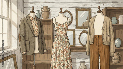 Vintage clothing shop display with mannequins and home decor