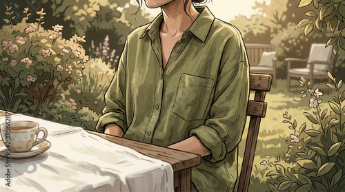 Woman relaxing outdoors at a table in a garden setting