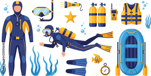 Scuba diving equipment set with diver suit oxygen tanks fins mask and underwater gear collection, marine exploration and diving safety illustration bundle