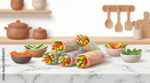 Fresh vegetable spring rolls on a kitchen counter