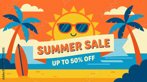 Colorful Summer Sale Graphic Design with Sun and Surfboard