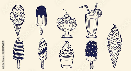 Set of various delicious ice cream icons including cones popsicles sundaes and milkshakes in hand drawn doodle style vector illustration