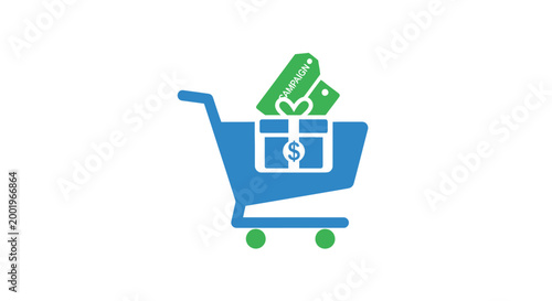 Shopping cart icon with gift box representing financial campaigns or offers