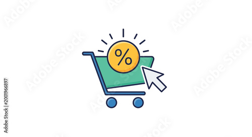 Shopping cart icon with percentage sign and cursor for e commerce concept
