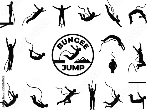Φωτογραφία Set of black silhouettes of people doing bungee jumping in different poses and p