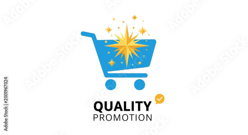 Shopping cart symbol with starburst and checkmark for promotion and quality