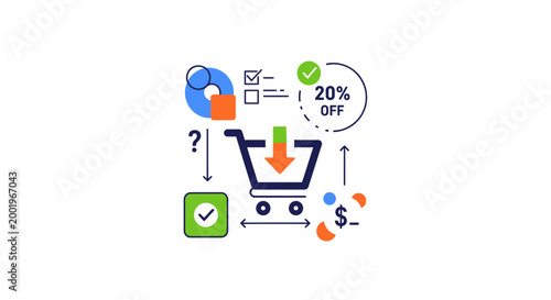 Shopping cart with arrows and icons indicating purchasing and discounts