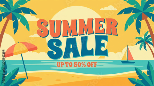 Vibrant Summer Sale Advertising Graphic with Palm Trees and Ocean