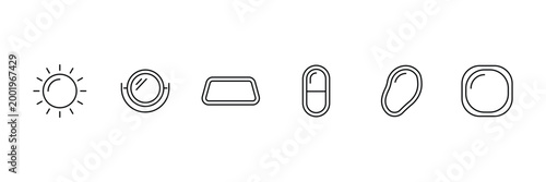 Mirror icon set featuring sun shape tabletop mirror car windshield rear view pill glass irregular organic form and rounded square mirror.