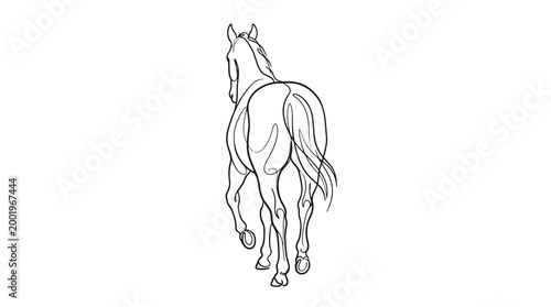 Elegant monochrome line art illustration of a horse walking away, capturing its powerful hindquarters and graceful stride concept, perfect for equestrian and nature-themed designs