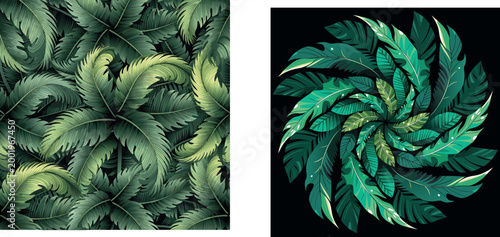 Tropical palm leaves set featuring a lush green seamless pattern and a circular radial leaf wreath on black background
