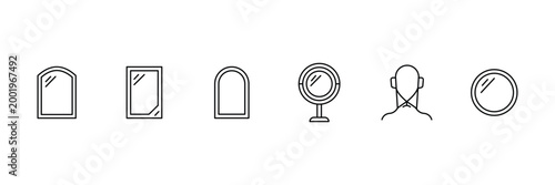 Mirror icon set featuring arched wall glass rectangle frame simple mirror silhouette round tabletop vanity glass and rear view person head.