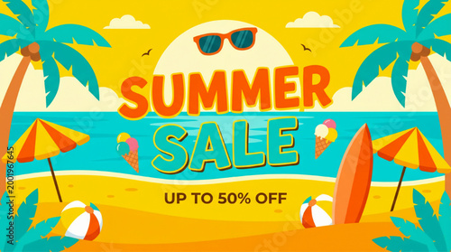 Summer Sale Discount Banner with Tropical Beach Theme