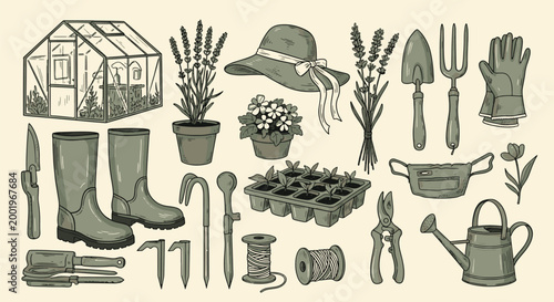 Hand drawn garden tools and greenhouse equipment set featuring watering can plants boots and seedling trays for backyard hobby vector illustration