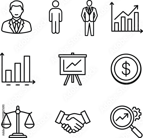 Set of business and finance icons featuring management people charts money growth and corporate symbols in a clean line art style