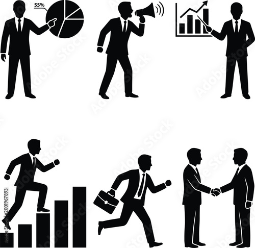 Set of black business people icons showing office work, presentations, growth, and professional teamwork in simple flat silhouette style