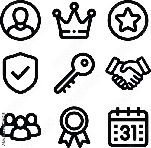 Set of simple black line icons representing business concepts like user profile crown star shield key handshake team award and calendar date
