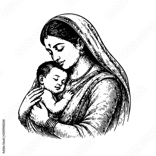 Traditional Indian Mother Cradling Sleeping Baby Engraving, Depicting Maternal Love and Family Bond