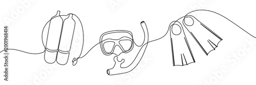 Continuous one line scuba sport water sea illustration vector hand. Scuba diving equipment ocean summer beach design isolated drawing concept mask white sketch vocation diver underwater holiday oxygen