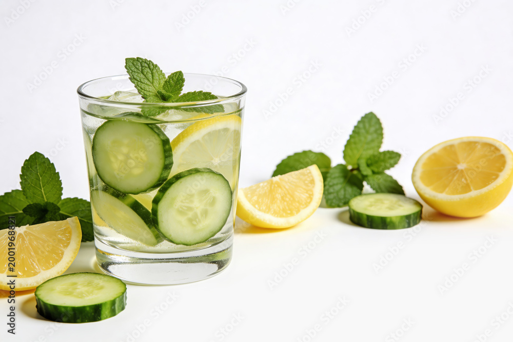 Fototapeta premium Cucumber Lemon Detox Water with Fresh Mint in Glass on White Background