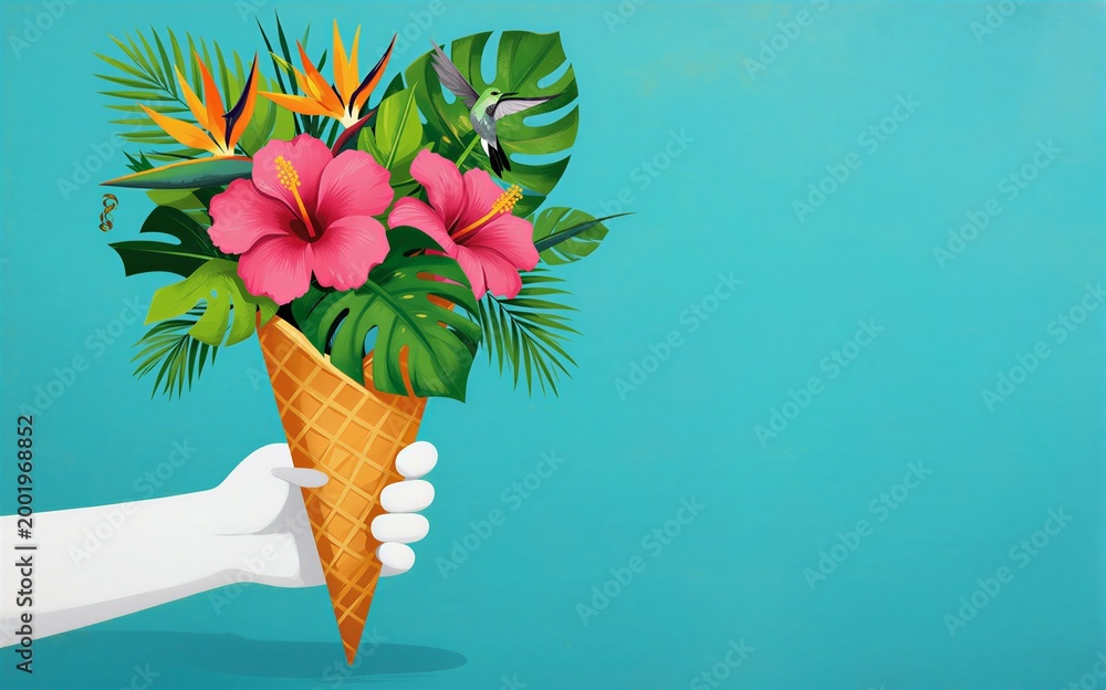 Fototapeta premium Tropical flowers in ice cream cone vibrant colors against blue