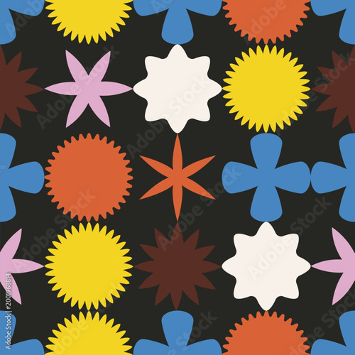 Abstract Seamless Pattern. A vibrant mix of geometric shapes, stars and circles for modern design