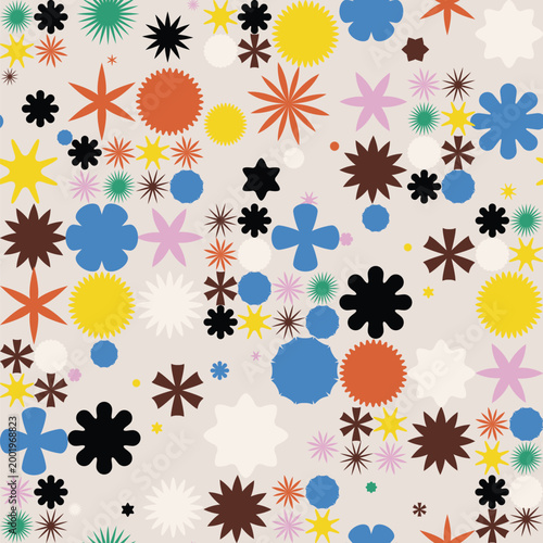Abstract Seamless Pattern. A vibrant mix of geometric shapes, stars and circles for modern design