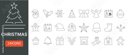 Christmas Line Icons Set for Holiday Season Celebration and Winter Decor