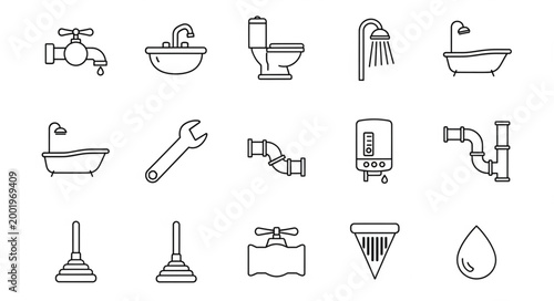 Collection of hand-drawn plumbing icons and symbols.