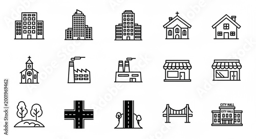 Collection of simple building icons and city elements.