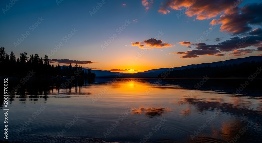 Obraz premium Serene lake sunset with vibrant sky reflections, framed by dark silhouettes of mountains and a dense forest, creating a peaceful landscape