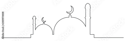 Continuous line drawing of a mosque silhouette for Islamic holidays and Ramadan