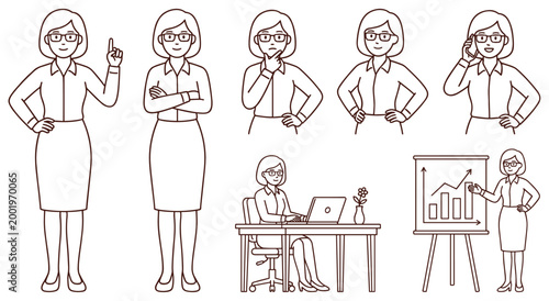 Canvastavla Professional female office worker set featuring standing poses gestures presentation with chart desk work at laptop and talking on phone vector illustration for corporate training manual