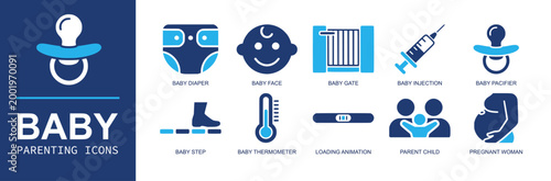 Baby parenting icon set. Containing diaper, baby face, gate, injection, pacifier, baby step, thermometer, pregnancy test, parent child, pregnant woman and more. Solid fill vector icons.
