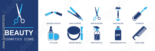 Beauty cosmetics icon set. Containing broken lipstick, clippers, scissors, jade roller, lip brush, lip gloss, makeup brush, spray bottle, sunscreen, comb and more. Solid fill vector icons.