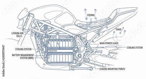 Detailed technical drawing of a motorcycle engine and frame.