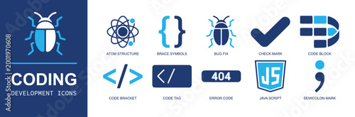 Coding development icon set. Containing atom structure, brace symbols, bug fix, check mark, code block, bracket, tag, error 404, java script, semicolon and more. Solid fill vector icons.