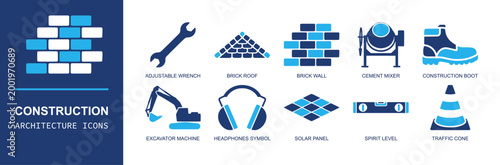 Construction architecture icon set. Containing wrench, brick roof, brick wall, cement mixer, boot, excavator, headphones, solar panel, level, cone and more. Solid fill vector icons.