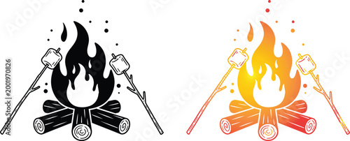 Campfire illustration black and white vs colorful representation