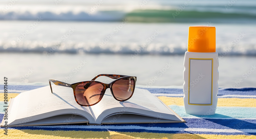 Naklejka premium Summer relaxation book sunglasses and sunscreen by the water