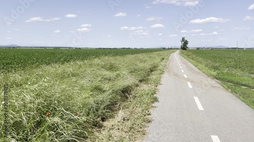 This shows a long road next to green fields with blue sky and white clouds above