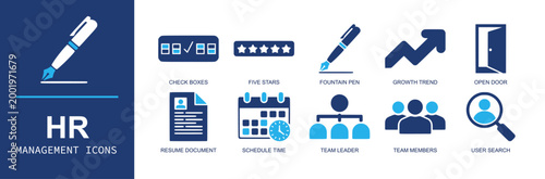 HR management icon set. Containing check boxes, five stars, fountain pen, growth trend, open door, resume, schedule, team leader, team members, user search and more. Solid fill vector icons.