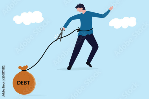 Debt burden, financial obligation or loan payment, loan or lending crisis, overspending mistake causing debt burden, Man cutting debt rope, tried businessman carrying big debt  money bag.