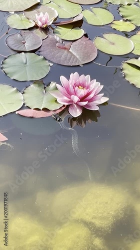 A pink water lily grows on the surface of a pond with green leaves around it