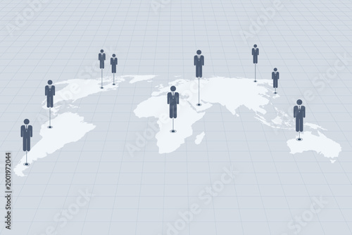 Flat vector world map with people icons representing global recruitment, international human resources, and remote work connectivity. Concept of worldwide hiring and talent search.