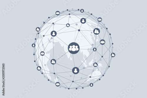 Flat vector illustration of a global social network with people icons connected in a sphere over a world map. Concept of digital community, teamwork, and global communication.