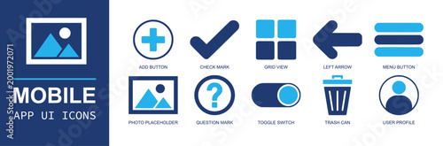Mobile app UI icon set. Containing add button, check, grid view, left arrow, menu, photo placeholder, question mark, toggle, trash can, user profile and more. Solid fill vector icons.