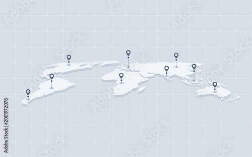 Isometric world map with multiple location pin markers representing global logistics, shipping destinations, and tracking points. Concept of international trade and supply chain.