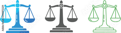 Justice Balance Scale Icon Set with Color and Outline Variations in Blue Gray and Green Vector Style for Law Court Equality and Legal Design