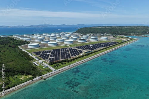 Aerial view of coastal solar power plant on Henza Island Okinawa Japan